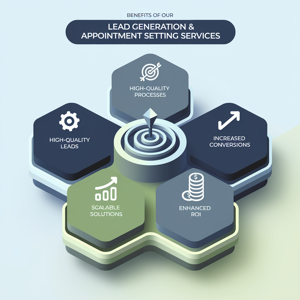 A hexagonal graphic showcasing the benefits of Lead Generation and Appointment Setting Services. The center of the graphic depicts a bullseye target, with the benefits surrounding it: High-Quality Leads, High-Quality Processes, Increased Conversions, Scalable Solutions, Enhanced ROI.