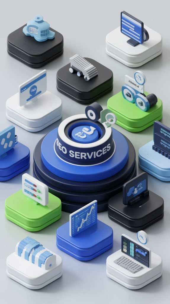 A 3D rendering of various icons related to SEO, displayed on a white background, with a central blue circle displaying the text "SEO SERVICES".